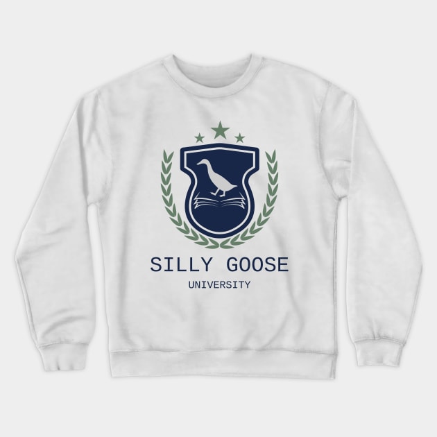 Silly Goose University - Walking Goose Blue Emblem With Green Details Crewneck Sweatshirt by Double E Design